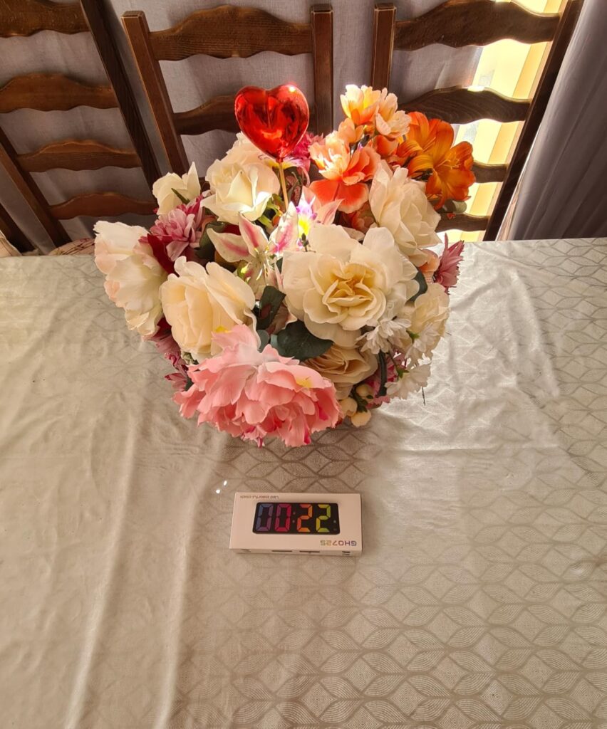 L'horloge est posée sur une table, à côté d'un bouquet de fleurs. Elle affiche 00:22.