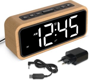 Réveil fort pour dormir profond, Réveil Rétro en Bois avec Affichage LED, 12 Sonneries d'A