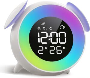 Réveil Enfant, Reveil Enfant Educatif Jour/Nuit avec Veilleuse 15 Couleurs, Snooze, 2 Alar