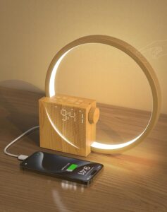 10w Lampe de Chevet LED avec Réveil, 2 Réveil, Wake up Light, USB Charge Ports,3 Modes Int