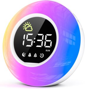 Réveil Enfant Lumineux avec Veilleuse LED RGB, Minuteur, Double Alarme, 12/24H, Luminosité