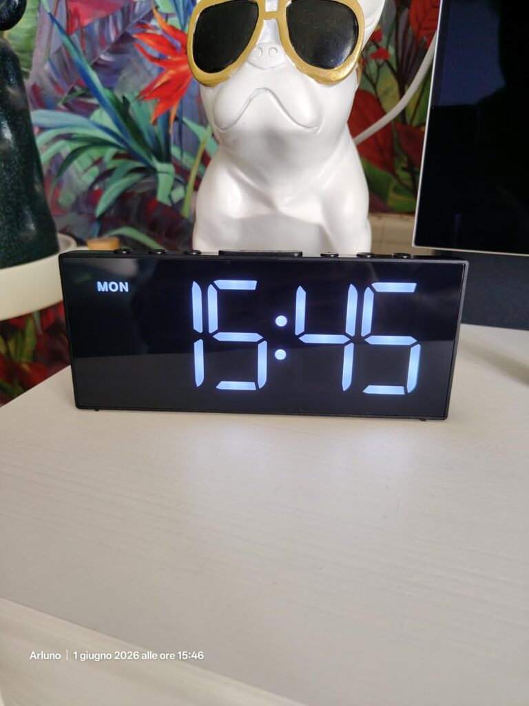 Le réveil sur une table de chevet, avec la date et l'heure affichées, à côté d'une statuette en forme de chien.