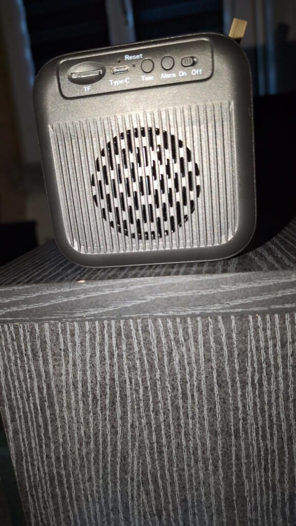 Vue de l'arrière du produit posé sur un meuble, montrant les commandes et la connectique.