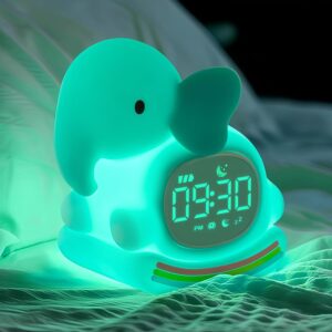 Yiliaw Horloge Réveil Éléphant avec Veilleuse pour Enfants, Lampe Rechargeable en Silicone