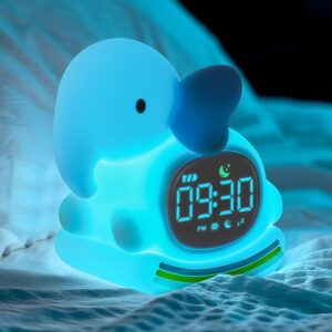 Yiliaw Horloge Réveil Éléphant avec Veilleuse pour Enfants, Lampe Rechargeable en Silicone