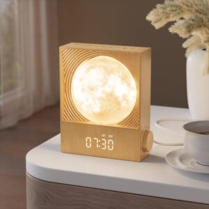 Réveil Simulateur d'Aube avec Lampe Lunaire Rotative - 15 Sonneries, Veilleuse 8 Couleurs,