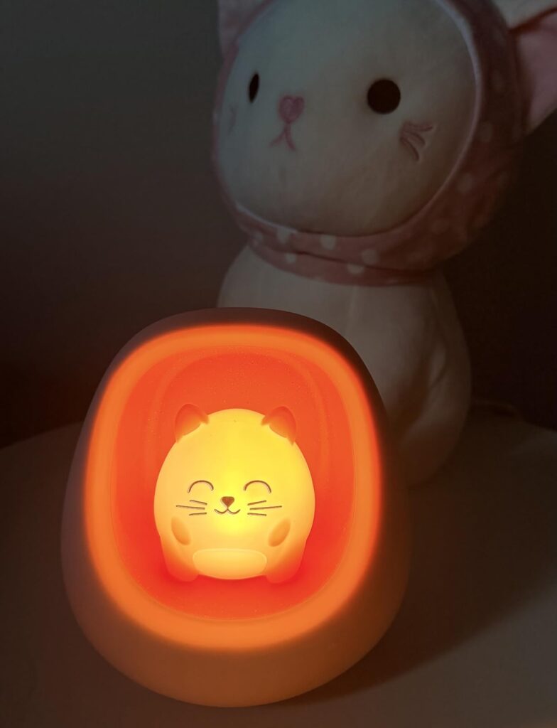L'appareil est allumé dans le noir. Il éclaire avec une lumière orange. L'écran de l'heure est éteint. Un arrière-plan flou d...