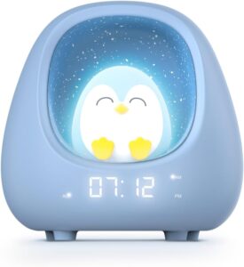 Bigben Veilleuse Réveil Enfant Pingouin, Lumineux et Musical, Sons Apaisants et Bruits Bla