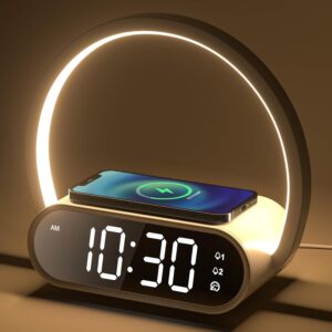 Lampe de Chevet Tactile 3 en 1 avec Chargeur Sans Fil 15W, Réveil Double, 4 Niveaux Lumino