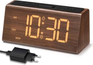 Réveil en Bois – Réveil Numérique avec Double Alarme, Fonction Snooze, 4 Niveaux de Lumino