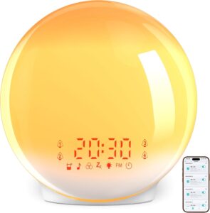 Reveil Lumineux, Radio Réveil Simulateur d'Aube avec Contrôle App, 4 Alarmes, Snooze, Cali