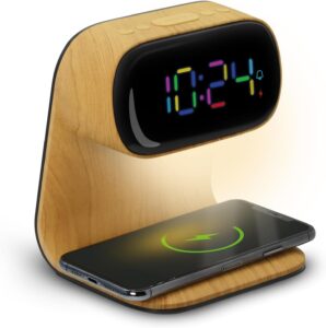 mooov Réveil Affichage Multicouleur Liseuse avec Chargeur Induction 15W - Alimenattion Sec