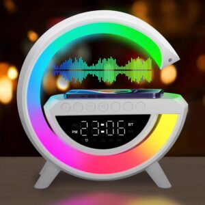 Lampe de Chevet LED Intelligente, Chargeur Sans Fil 15W, Haut-parleur Bluetooth, Réveil av