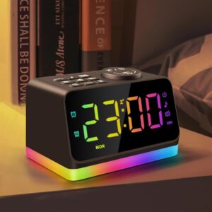 HUO JI Radio Réveil Lumineux – Réveil Matin avec Veilleuse 8 Couleurs & 2 Ports USB – Fonc