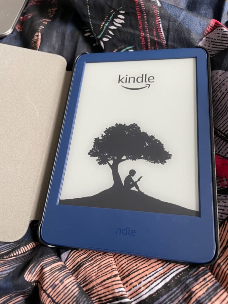 Vue de dessus d'une liseuse Kindle Paperwhite, recouverte d'un étui. L'étui est ouvert et posé sur un tissu. La liseuse est a...