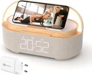 Réveil Radio Enceinte Bluetooth Charge sans Fil avec Lampe