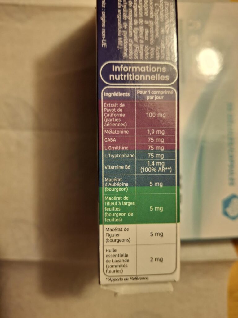 Informations nutritionnelles sur le côté de la boîte de Santarome Somnifor Max LP 8.