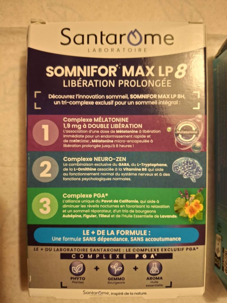 Dos de la boîte de Santarome Somnifor Max LP 8 avec description des ingrédients et bienfaits.