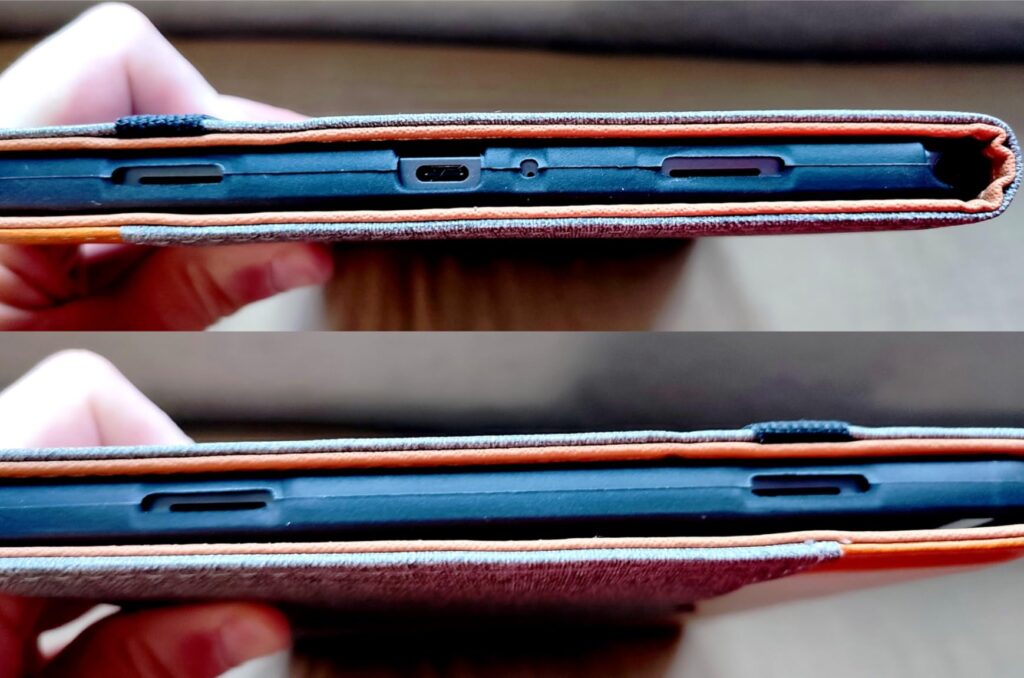 Deux photos montrent la tablette insérée dans sa coque, vue de profil. La photo du haut montre l'emplacement pour le chargeme...